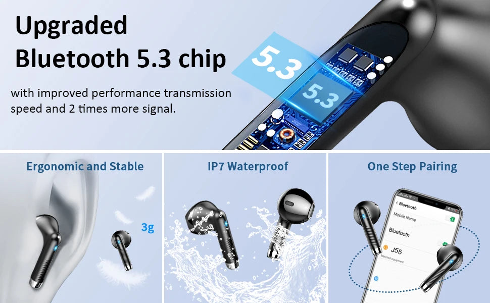 HE050A Wireless Earbuds, Bluetooth 5.3, 4 ENC Noise Canceling Mic, 40H LED Display Charging Case, IP7 Waterproof in-Ear Earbuds.