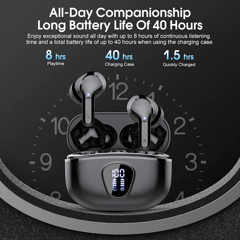 Wireless Earbuds BT5.3 Headphones HiFi Stereo EarBuds with ENC Noise Cancelling Mic 48H LED Display IP7 Waterproof Earphones