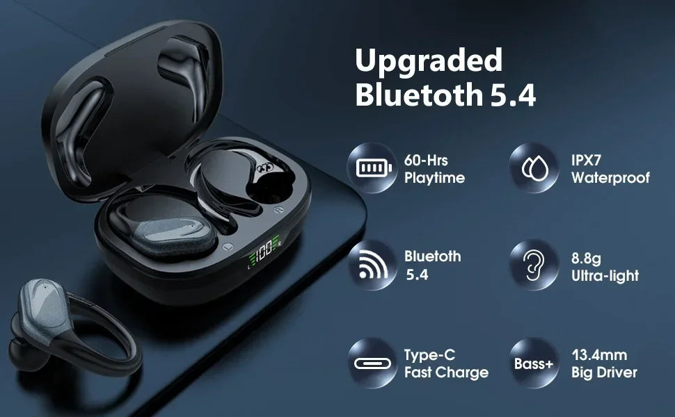 Wireless Earbuds Bluetooth 5.4 Headphones Stereo Ear Buds, ENC Noise Cancelling Mic,IPX7 Waterproof Earphones with Hook Earphone