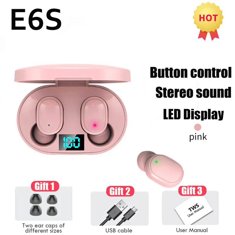 TWS E6S Wireless Earphones Bluetooth 5.0 Headphones Waterproof Earbuds LED Display HD Stereo Bass Mic For Xiaomi iPhone Huawei