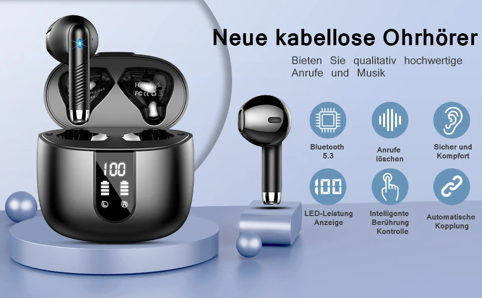 HE050A Wireless Earbuds, Bluetooth 5.3, 4 ENC Noise Canceling Mic, 40H LED Display Charging Case, IP7 Waterproof in-Ear Earbuds.