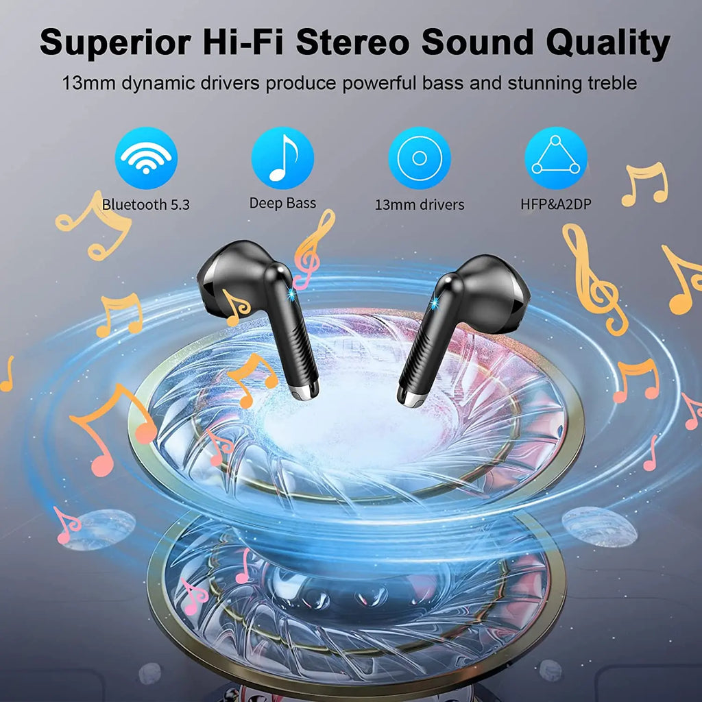 HE050A Wireless Earbuds, Bluetooth 5.3, 4 ENC Noise Canceling Mic, 40H LED Display Charging Case, IP7 Waterproof in-Ear Earbuds.