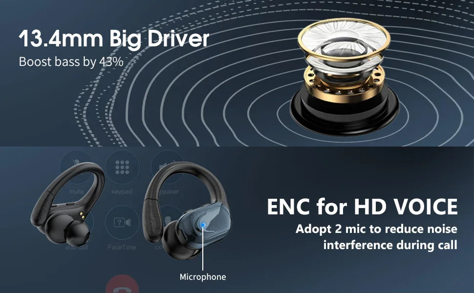 Wireless Earbuds Bluetooth 5.4 Headphones Stereo Ear Buds, ENC Noise Cancelling Mic,IPX7 Waterproof Earphones with Hook Earphone