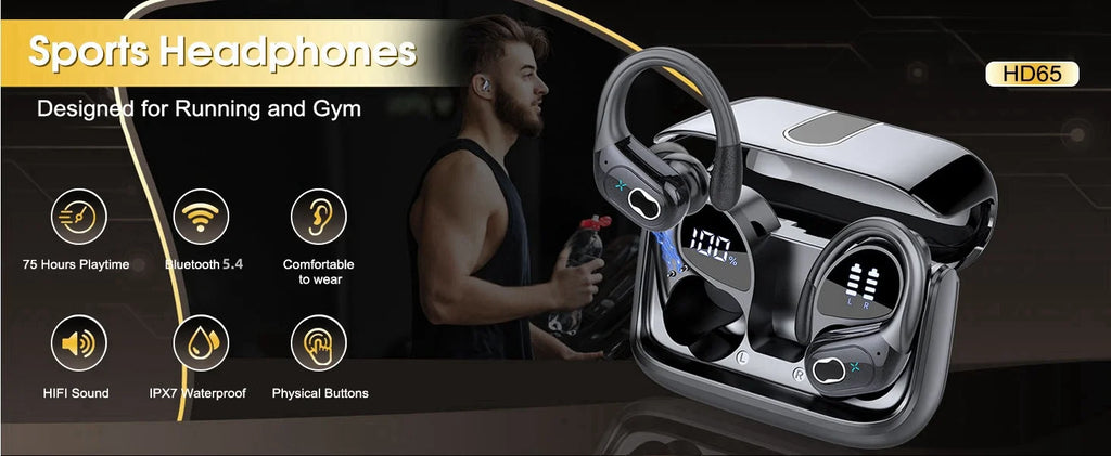 Wireless Earbuds 5.4 Bluetooth Headphones Sports Ear Buds with Earhooks 75H Playtime Wireless Headphones for Workout Waterproof