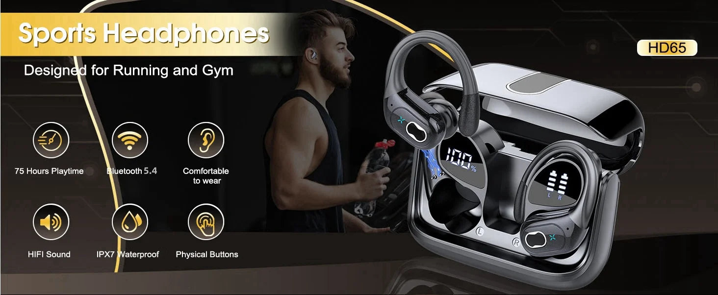 Wireless Earbuds 5.4 Bluetooth Headphones Sports Ear Buds with Earhooks 75H Playtime Wireless Headphones for Workout Waterproof