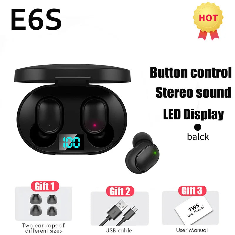 TWS E6S Wireless Earphones Bluetooth 5.0 Headphones Waterproof Earbuds LED Display HD Stereo Bass Mic For Xiaomi iPhone Huawei