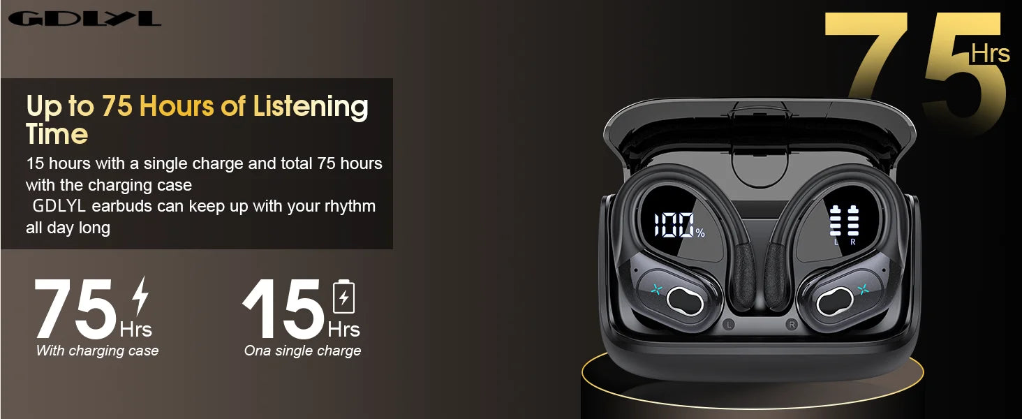 Wireless Earbuds 5.4 Bluetooth Headphones Sports Ear Buds with Earhooks 75H Playtime Wireless Headphones for Workout Waterproof