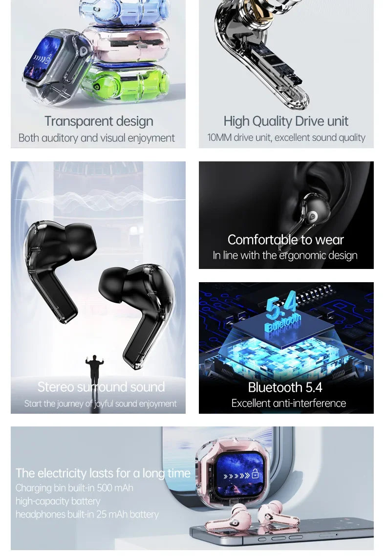 True Wireless Bluetooth Earbuds 5.4 Earphones ANC Noise Reduction Stereo Bass HD Mic Gamer Headset with LED Touch Screen Control