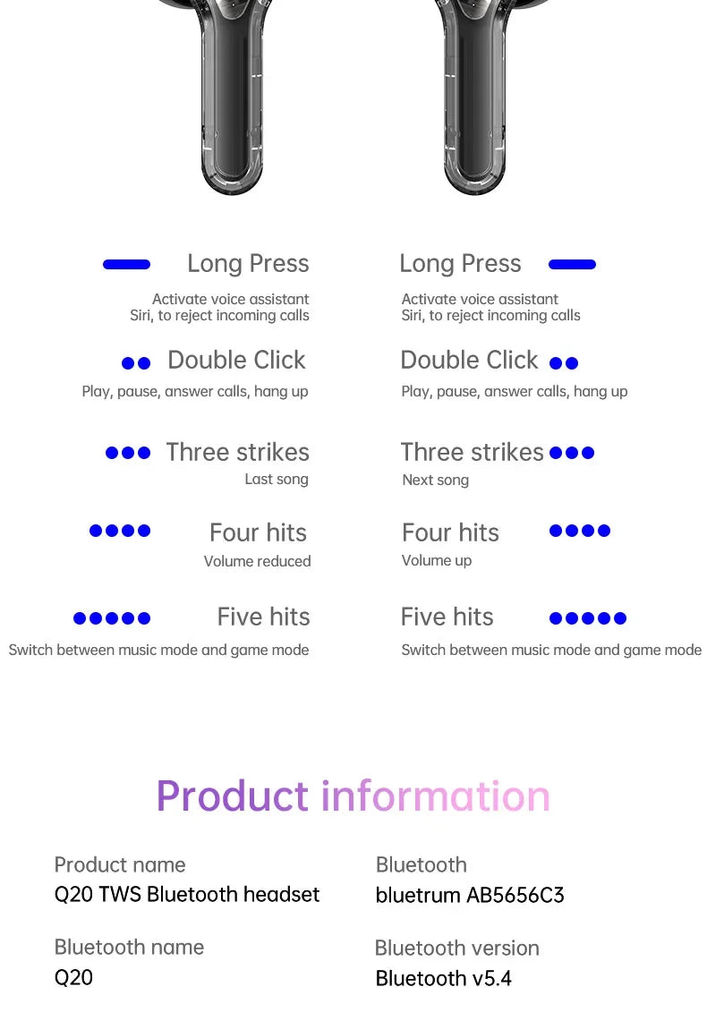 True Wireless Bluetooth Earbuds 5.4 Earphones ANC Noise Reduction Stereo Bass HD Mic Gamer Headset with LED Touch Screen Control