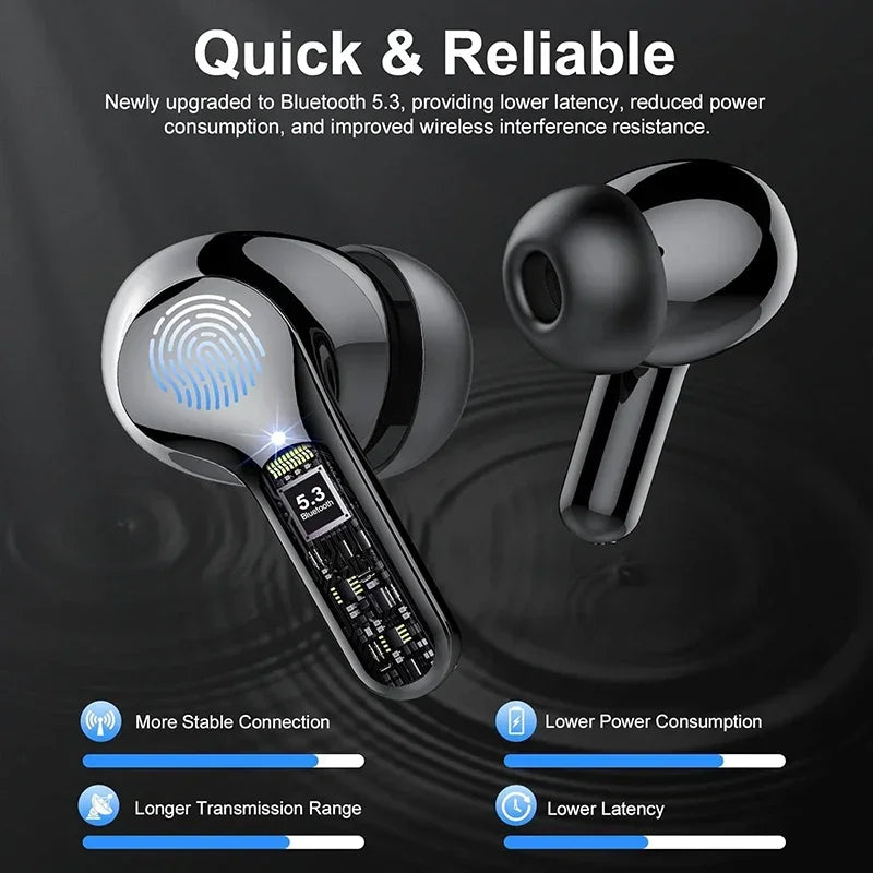 Wireless Ear Buds BT5.4 with LED Display IP7 Earphones HiFi Stereo Earbuds ENC Noise Cancelling Headphones with 48H Play Time