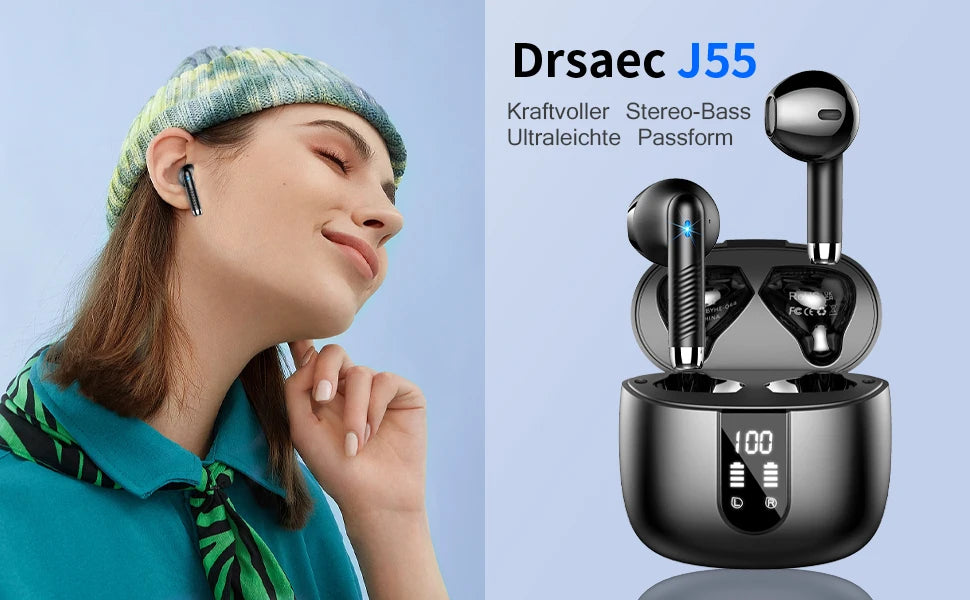 HE050A Wireless Earbuds, Bluetooth 5.3, 4 ENC Noise Canceling Mic, 40H LED Display Charging Case, IP7 Waterproof in-Ear Earbuds.