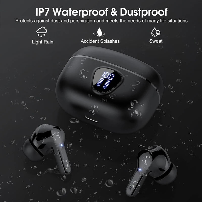 Wireless Earbuds BT5.3 Headphones HiFi Stereo EarBuds with ENC Noise Cancelling Mic 48H LED Display IP7 Waterproof Earphones
