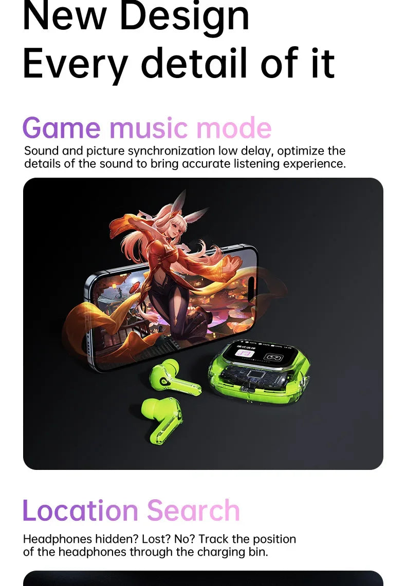 True Wireless Bluetooth Earbuds 5.4 Earphones ANC Noise Reduction Stereo Bass HD Mic Gamer Headset with LED Touch Screen Control