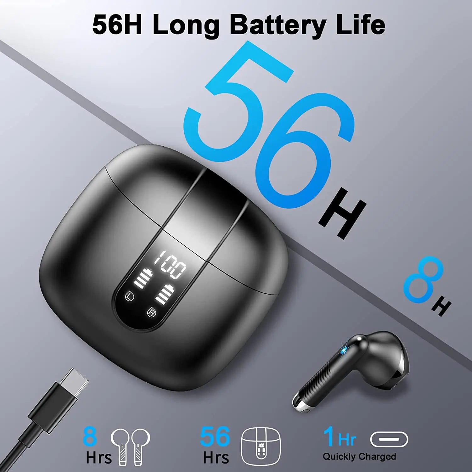 HE050A Wireless Earbuds, Bluetooth 5.3, 4 ENC Noise Canceling Mic, 40H LED Display Charging Case, IP7 Waterproof in-Ear Earbuds.