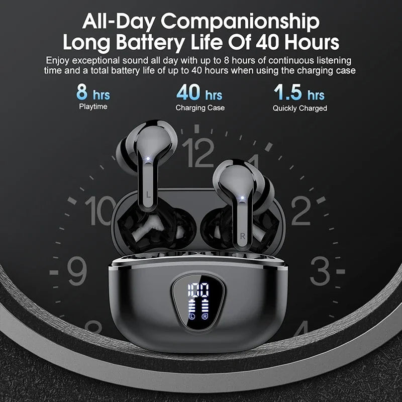 Wireless Earbuds BT5.3 Headphones HiFi Stereo EarBuds with ENC Noise Cancelling Mic 48H LED Display IP7 Waterproof Earphones
