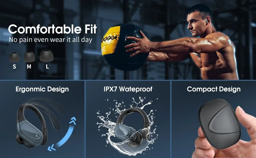 Wireless Earbuds Bluetooth 5.4 Headphones Stereo Ear Buds, ENC Noise Cancelling Mic,IPX7 Waterproof Earphones with Hook Earphone